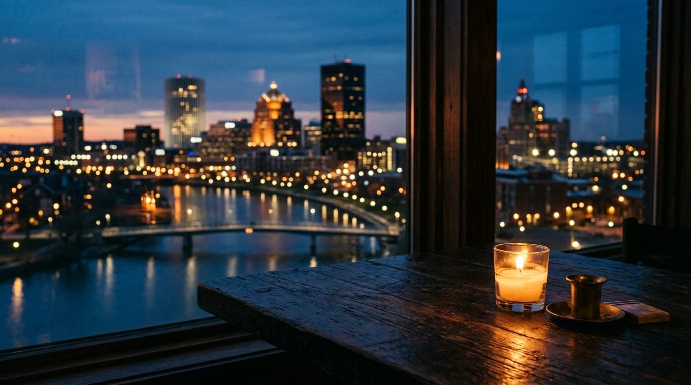 A lit votive candle sits on a sleek, dark wooden table. Through a window behind it, the Genesee River glows under the dim...