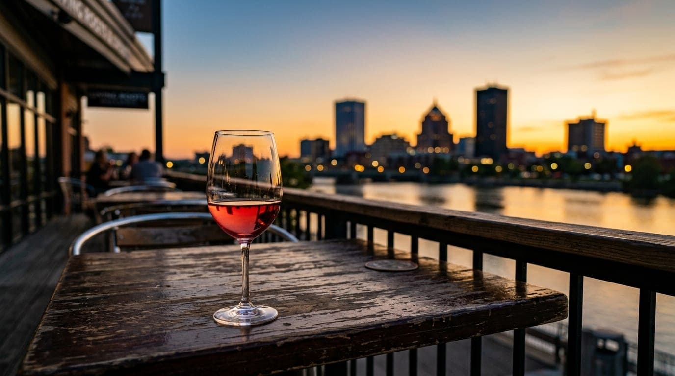 A half-filled wine glass sits on a weathered outdoor bistro table at Living Roots, catching sharp noon light. The blurred...