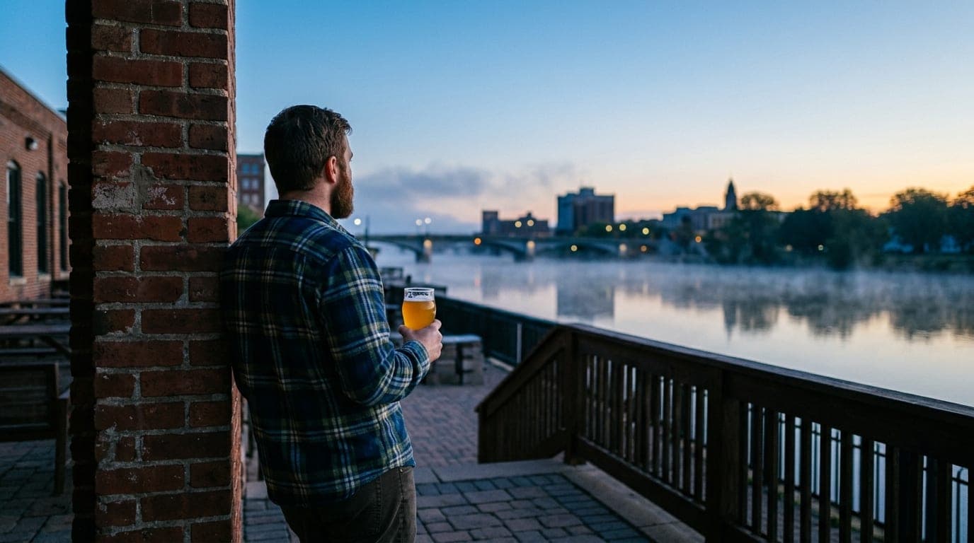 A man in a flannel shirt leans against a brick pillar at Prairie Street Brewing Co., holding a craft beer. Blue hour light...