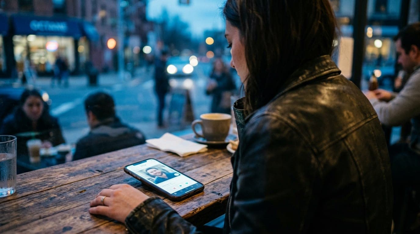 Blue hour, tilt-shift focus on a smartphone screen showing a Hinge profile, resting on a rustic wooden table at Octane. A...