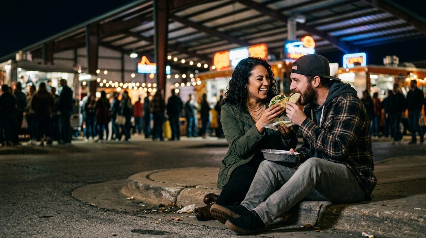 Low-angle hero shot of a couple sharing a taco on a bustling Rockford City Market curb at night. The neon glow illuminates...