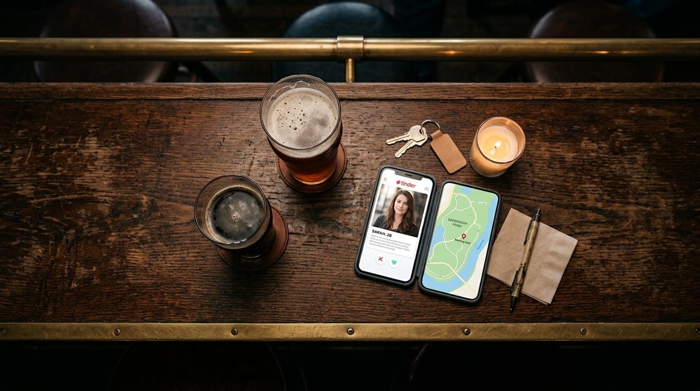 An overhead flat-lay of a rustic wooden bar top at a downtown Rockford pub. Two half-poured local craft beers sit centered...