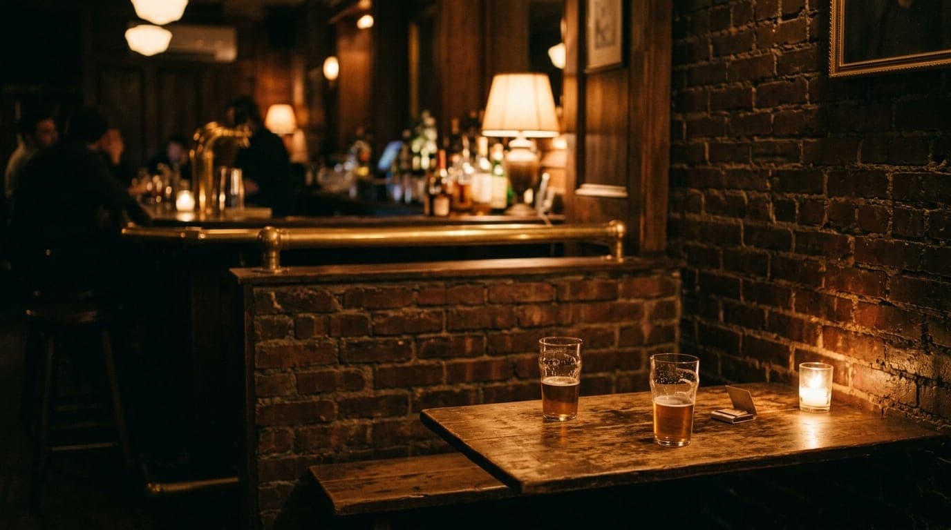 A warm, low-lit corner of Mary’s Place at night. A single worn wooden table holds two half-empty beer glasses and a vintag...