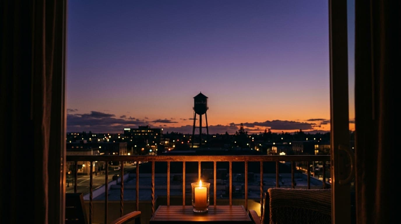 At dusk, the dark silhouette of the iconic downtown Roseville water tower rises against a deep violet sky, framed by a sof...
