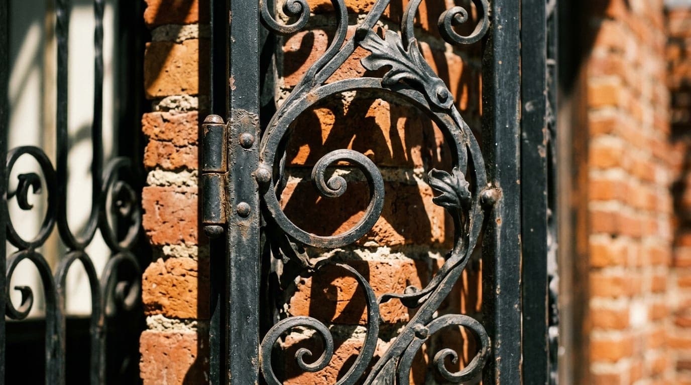 A close-up, 100mm macro shot captures the intricate, dark wrought-iron detail of a historic brick-faced storefront in down...