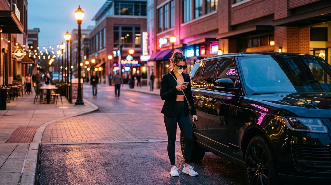 35mm documentary shot, offset right: A polished SUV parked at the upscale Galleria at twilight. A woman in athletic wear a...
