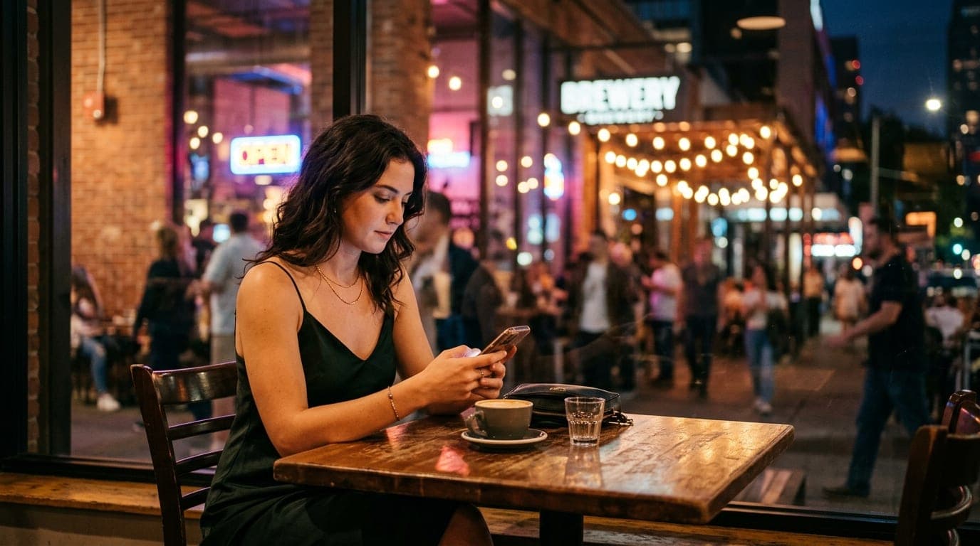 An 85mm portrait captures a woman in a silk slip dress at a brightly lit Bloom coffee table, offset left, checking a phone...