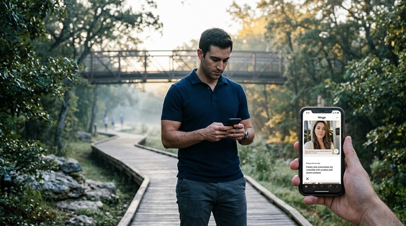 Low-angle hero shot of a man in a navy polo standing on the Brushy Creek Trail at dusk. Selective focus on his smartphone...
