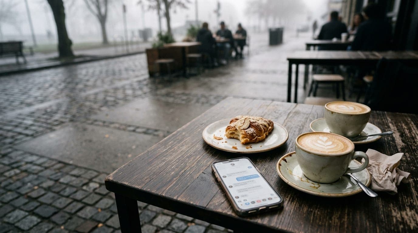Overhead flat-lay on a weathered wooden cafe table at Dazzle Coffee. Two steaming lattes, a half-eaten pastry, and a smart...