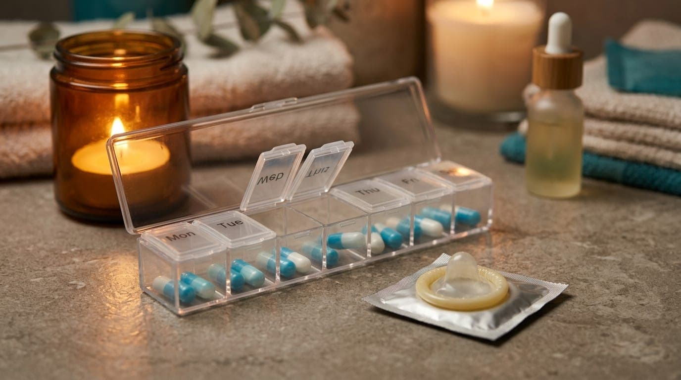 A close-up, 100mm macro shot of a sleek, open pill organizer beside a neatly coiled, high-quality latex barrier on a warm,...
