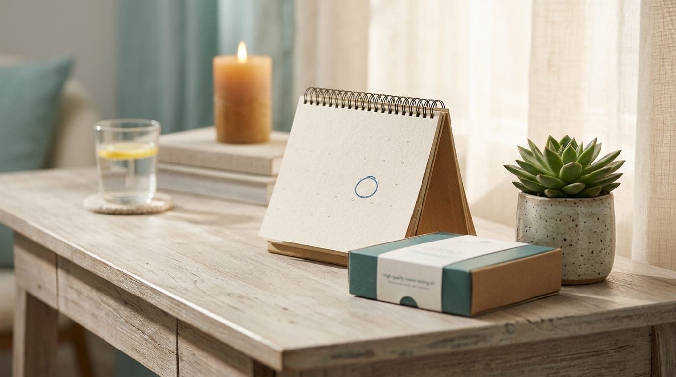 A soft-focus, candle-lit view shows a pristine desk calendar with a circled date, positioned beside an unopened, high-qual...