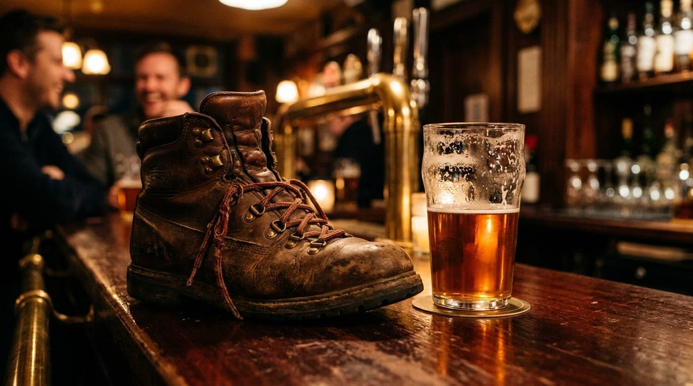 Wide 100mm macro shot of a weathered leather hiking boot resting on a polished mahogany bar top next to a half-empty craft...
