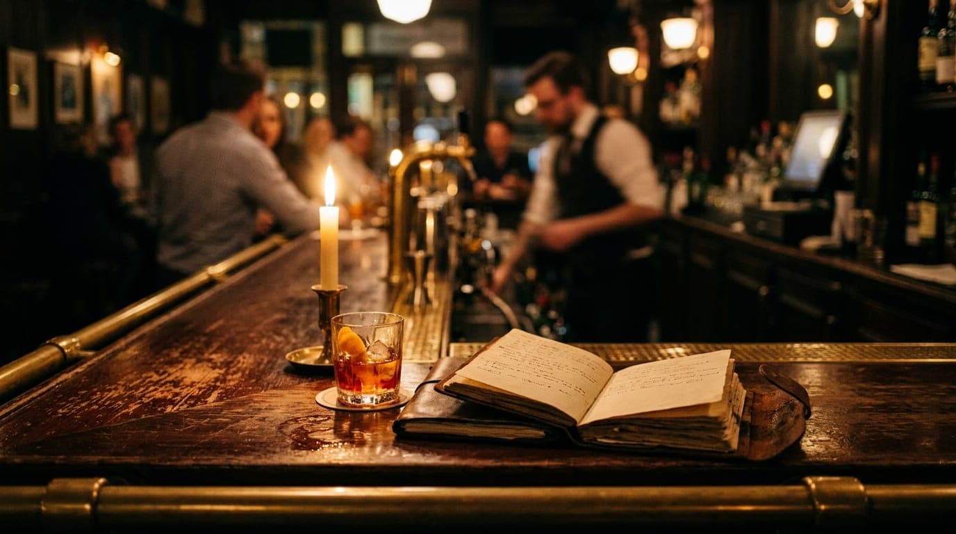 Medium shot, tilt-shift focus on a dark, mahogany bar at Archive. Two leather-bound notebooks lie open next to a single li...
