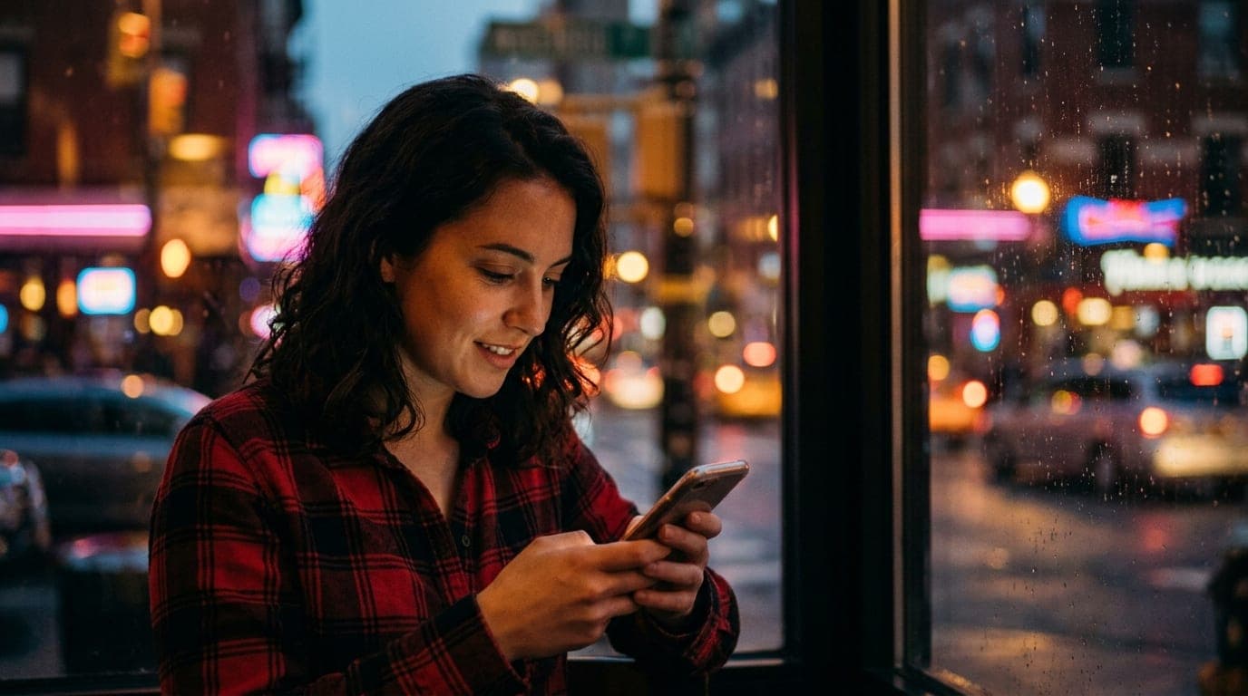 A close-up 85mm portrait captures a woman in a casual flannel shirt looking at her phone, offset left, with sun-drenched M...