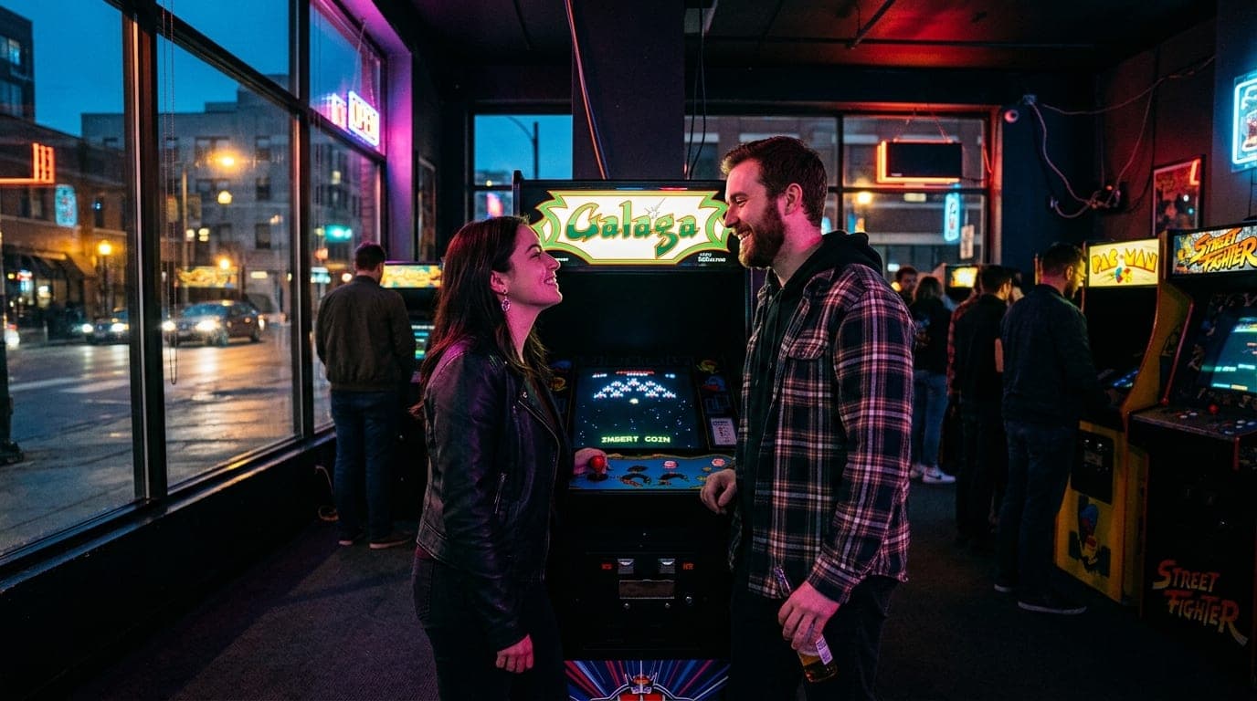Centered symmetric composition, 24mm wide-angle shot of a couple standing near a glowing arcade machine inside The Coin Ja...