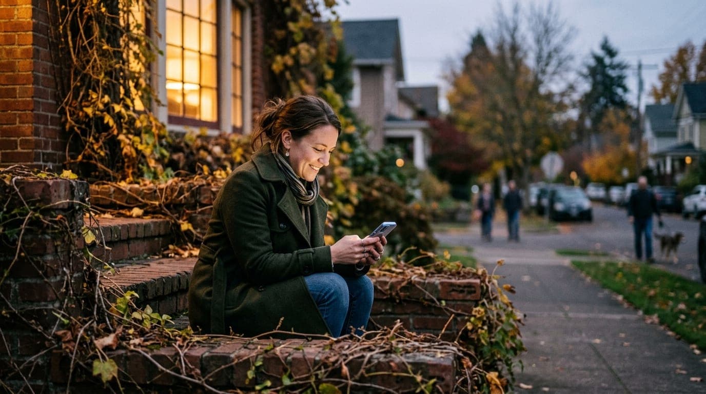 An 85mm portrait captures a woman in a wool trench coat sitting on a vine-covered brick stoop in the Gaiety Hill district,...