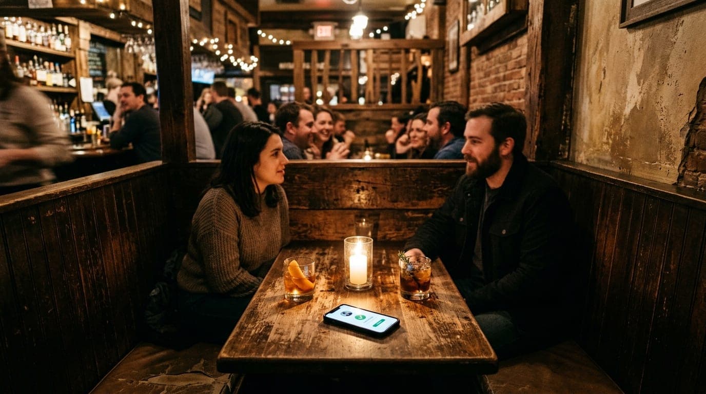 A medium shot, 24mm wide-angle lens captures a candle-lit booth inside a bustling downtown Salem tavern. A smartphone show...