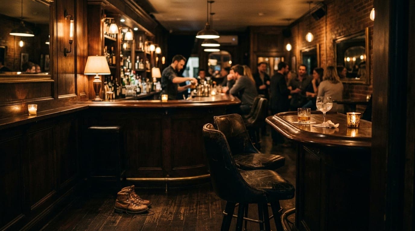 A dimly lit downtown cocktail bar at night, two leather stools positioned by the counter, half-poured drinks resting besid...