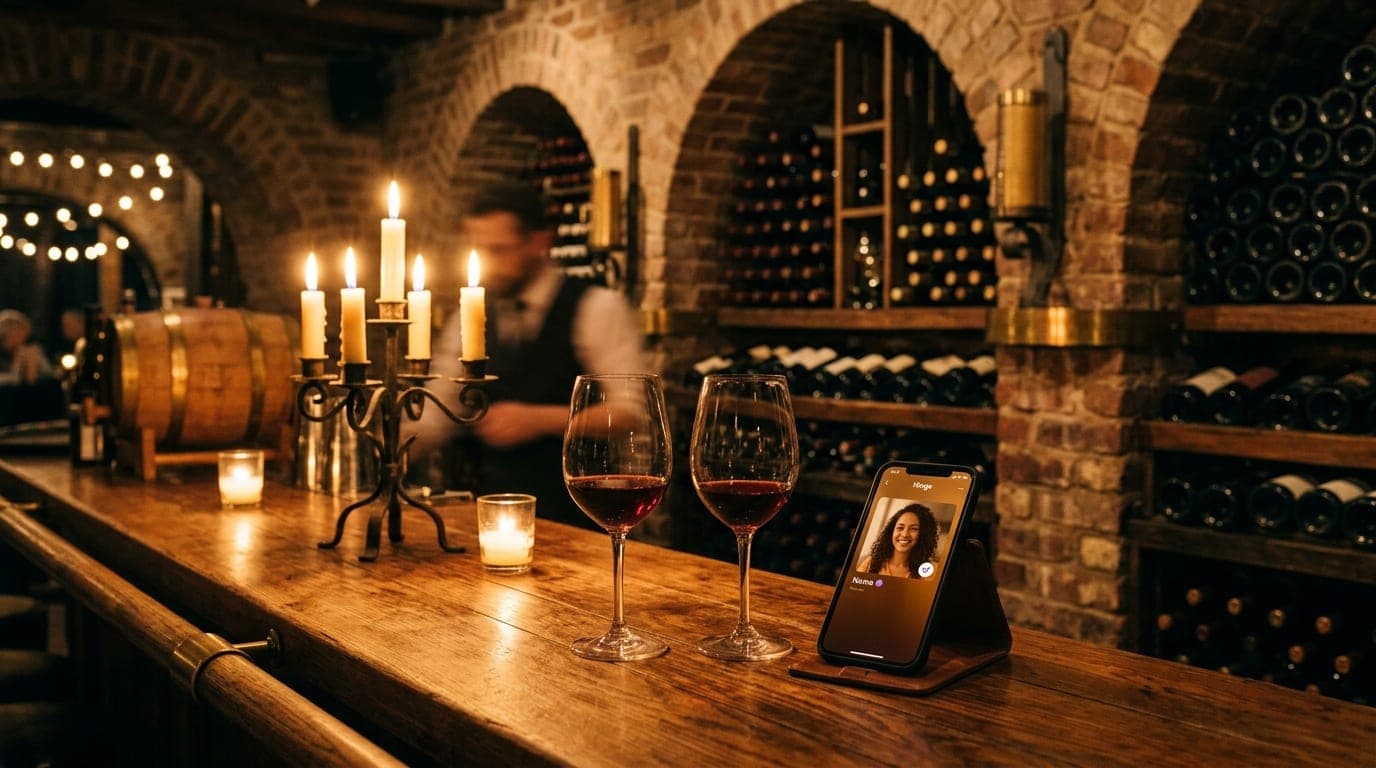 A medium shot, candle-lit wine cellar. Two glasses sit on a polished wood bar beside an open smartphone displaying a Hinge...