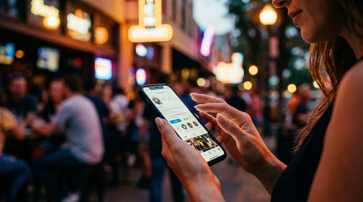 A close-up, tilt-shift focus captures a woman’s hand hovering over a smartphone screen displaying a social media profile....