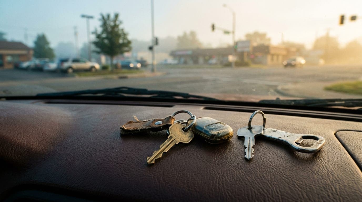 A 35mm documentary close-up at golden hour captures two sets of car keys on a leather dashboard, offset right. Through the...