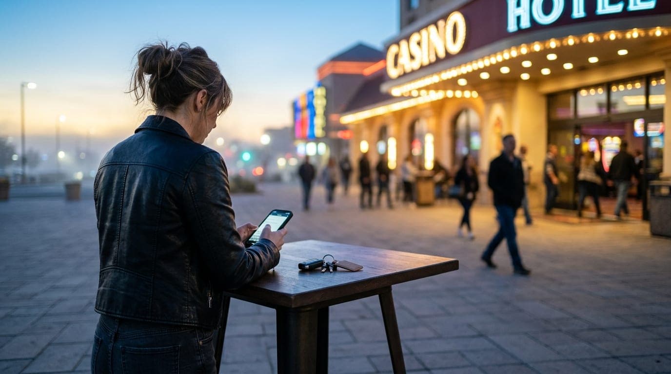 A woman in a leather jacket checks her phone at a brightly lit, bustling San Bernardino casino entrance. Her car keys sit...