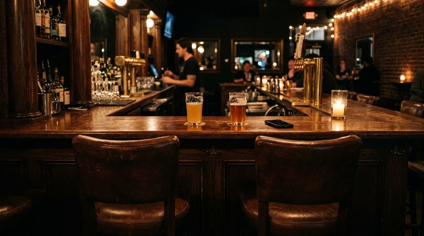 A centered medium shot of a dim North Park bar at night. Two leather stools face the polished wood counter, featuring two...