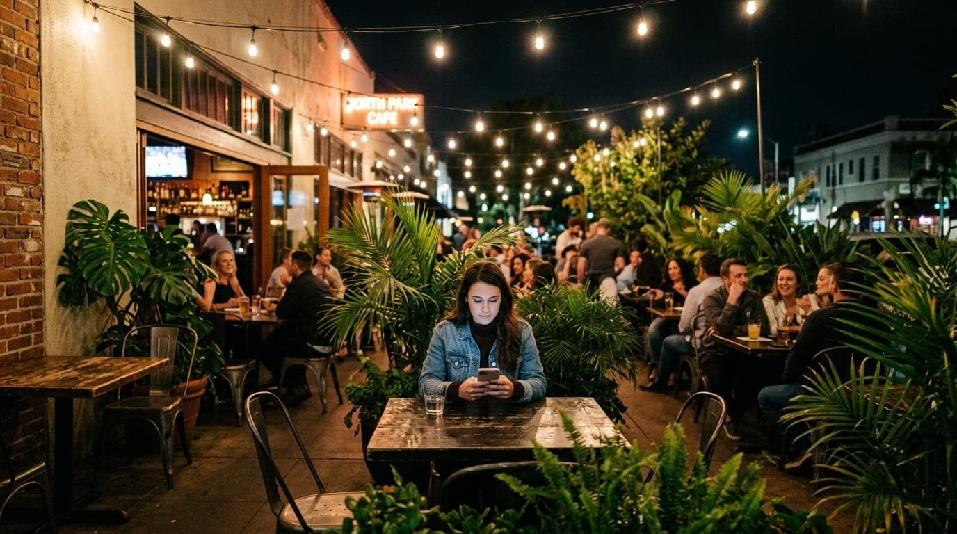 A wide shot of a North Park patio at night, illuminated by warm tungsten string lights. A woman in a denim jacket scrolls...