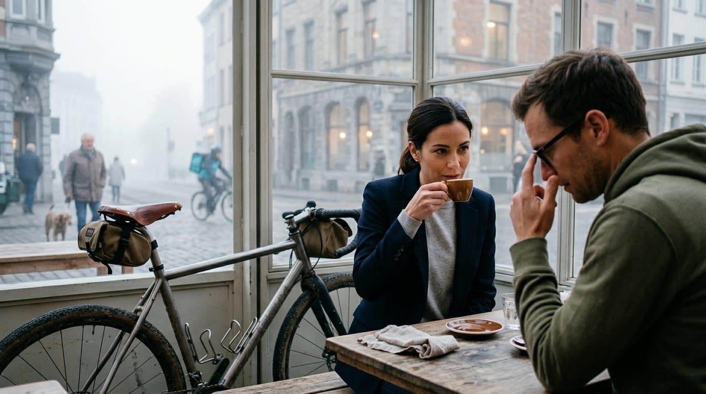 A high-end gravel bike leans against a rustic wooden table. A professional woman in a crisp blazer holds an espresso cup,...