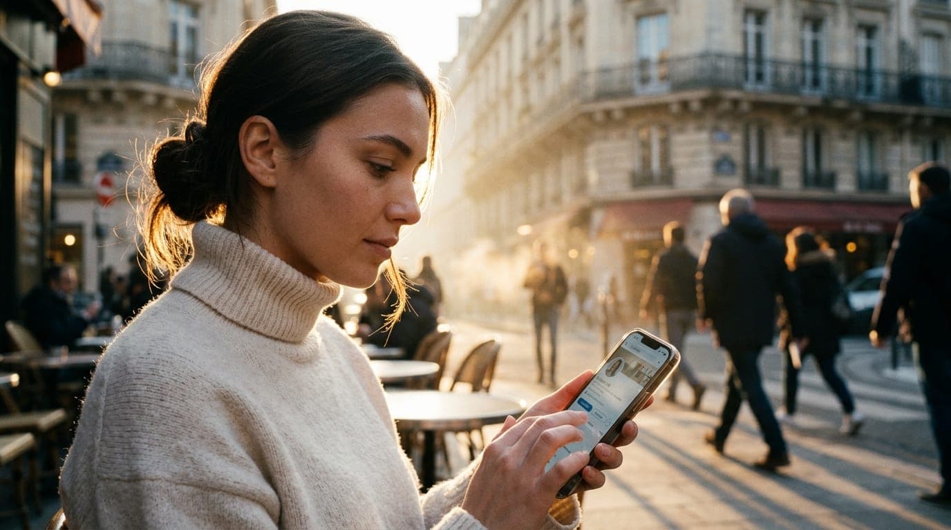 A woman in a cream-colored turtleneck sits at a sun-drenched outdoor cafe table, checking a LinkedIn profile on her phone...