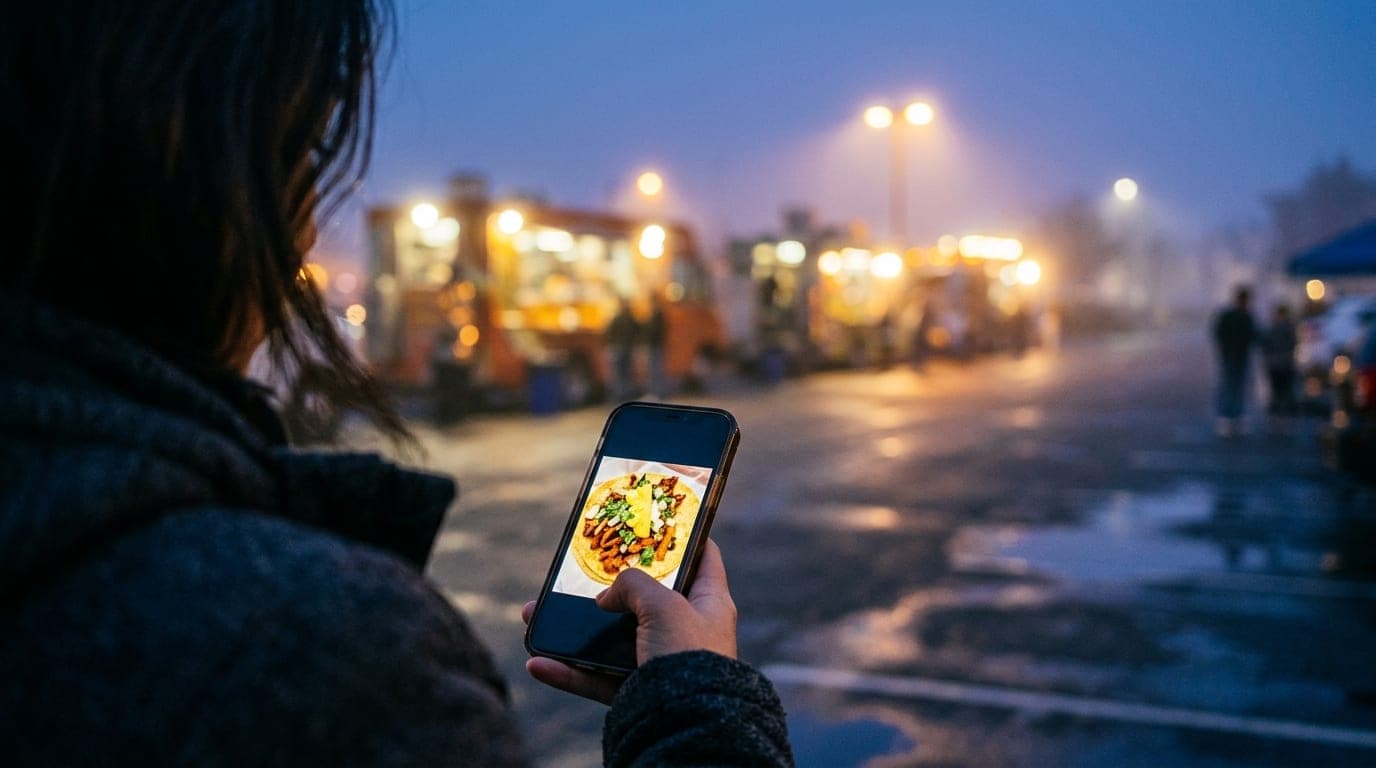 An over-the-shoulder view of a person holding a smartphone showing an Al Pastor taco recommendation, framed against a blur...