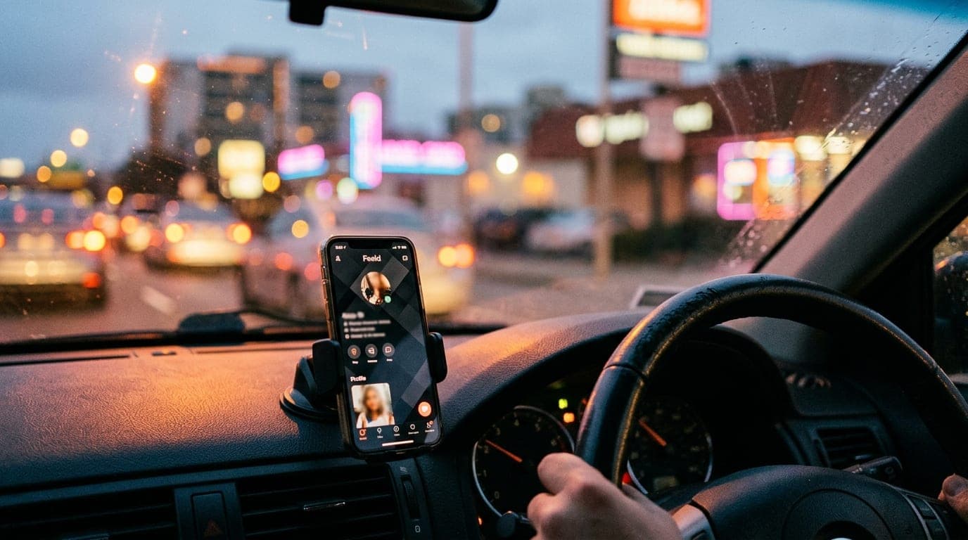 A close-up 35mm shot, offset right, of a leather steering wheel on the 880 freeway at dusk. Soft natural light illuminates...