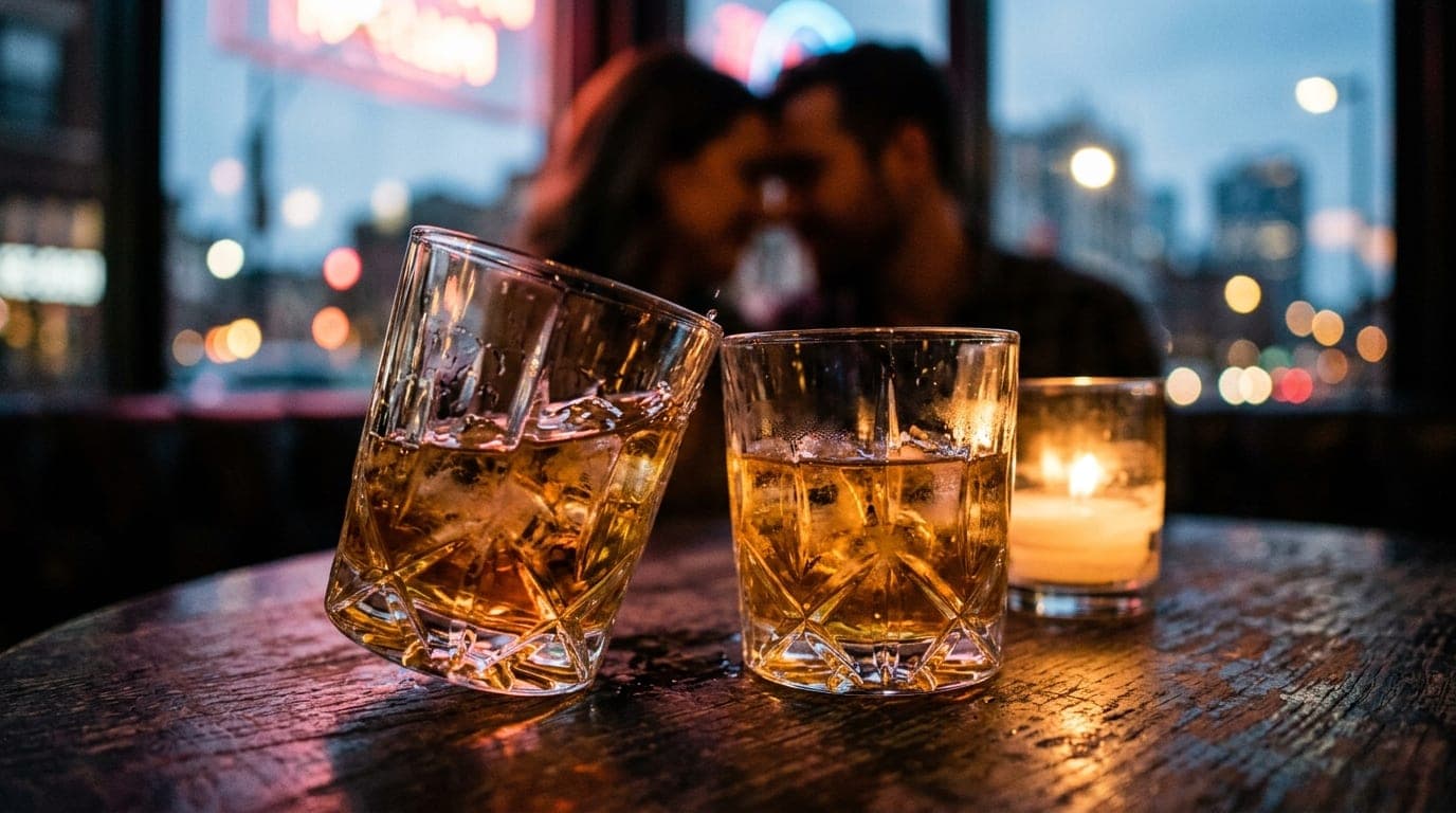 An extreme close-up, 85mm portrait captures two amber-filled crystal glasses clinking on a dark wooden booth table at Habe...