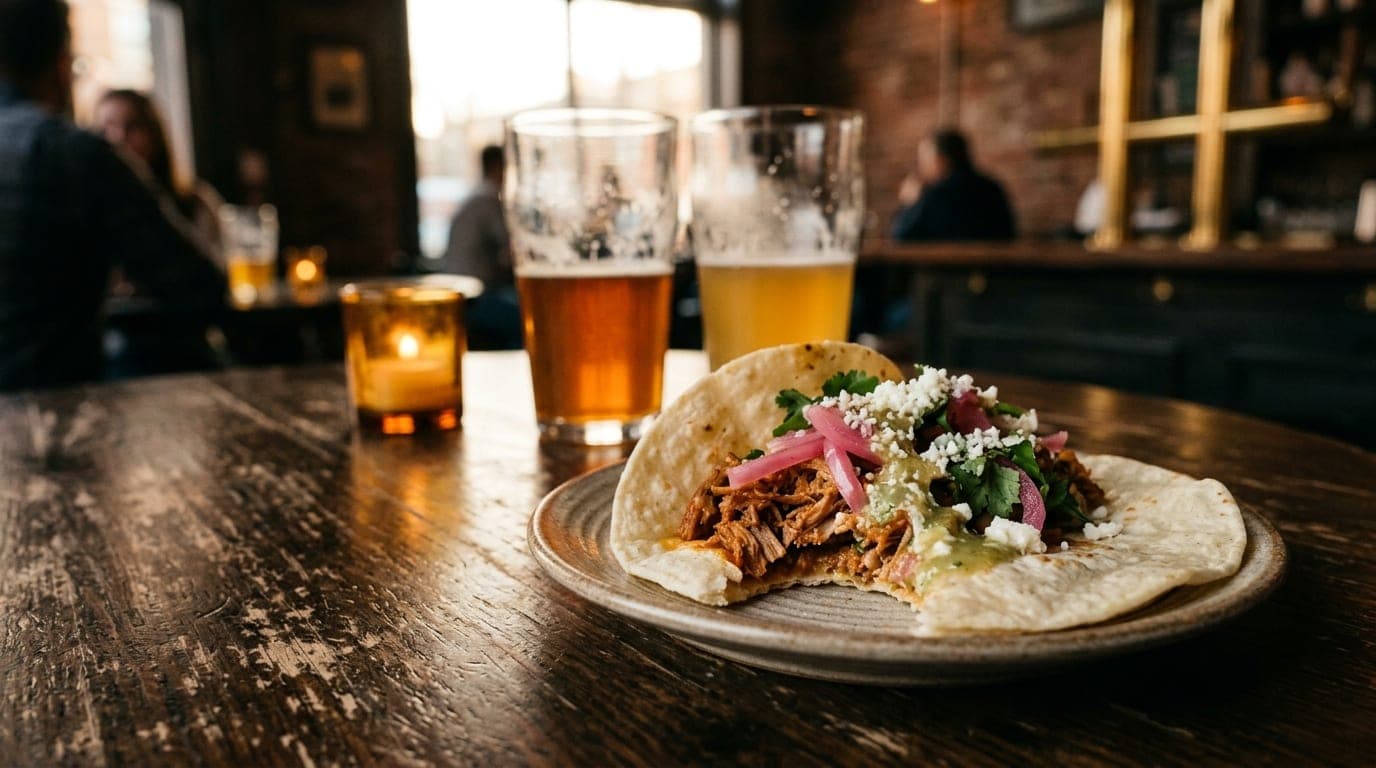 A candid shot of a partially eaten taco from a Story Road truck resting on a dark wooden pub table, with two half-full cra...