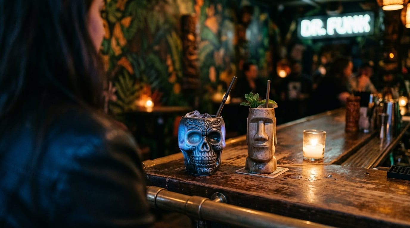 Two half-empty tiki mugs sit on a weathered wooden counter at Dr. Funk, soft blue light illuminating a ceramic skull glass...
