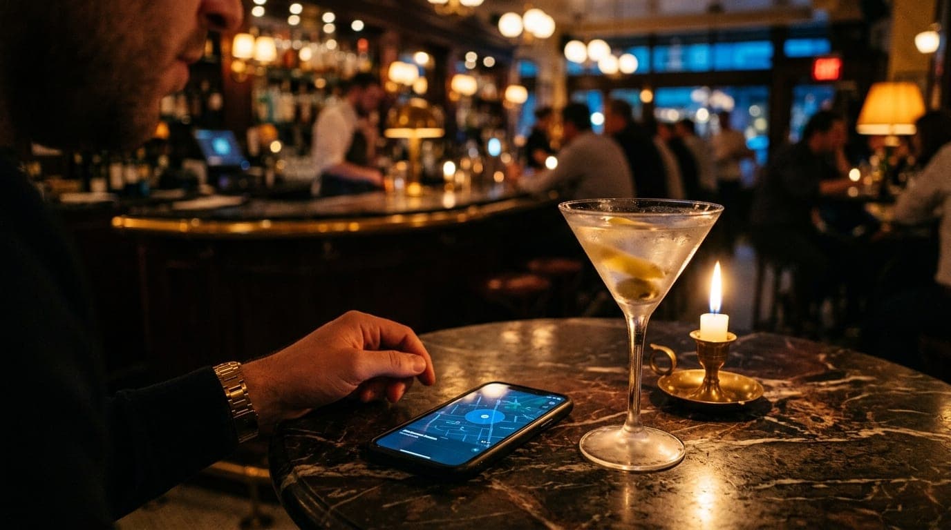 A glowing smartphone screen resting on a dark marble bistro table displays a GPS location-sharing app, next to a chilled m...