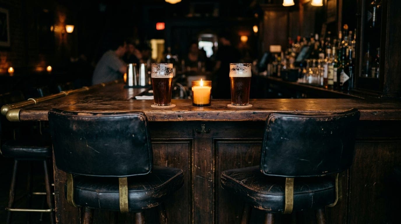 A medium shot of two worn leather bar stools at a dimly lit DTSA cocktail bar. Two half-poured craft beers sit on the dark...