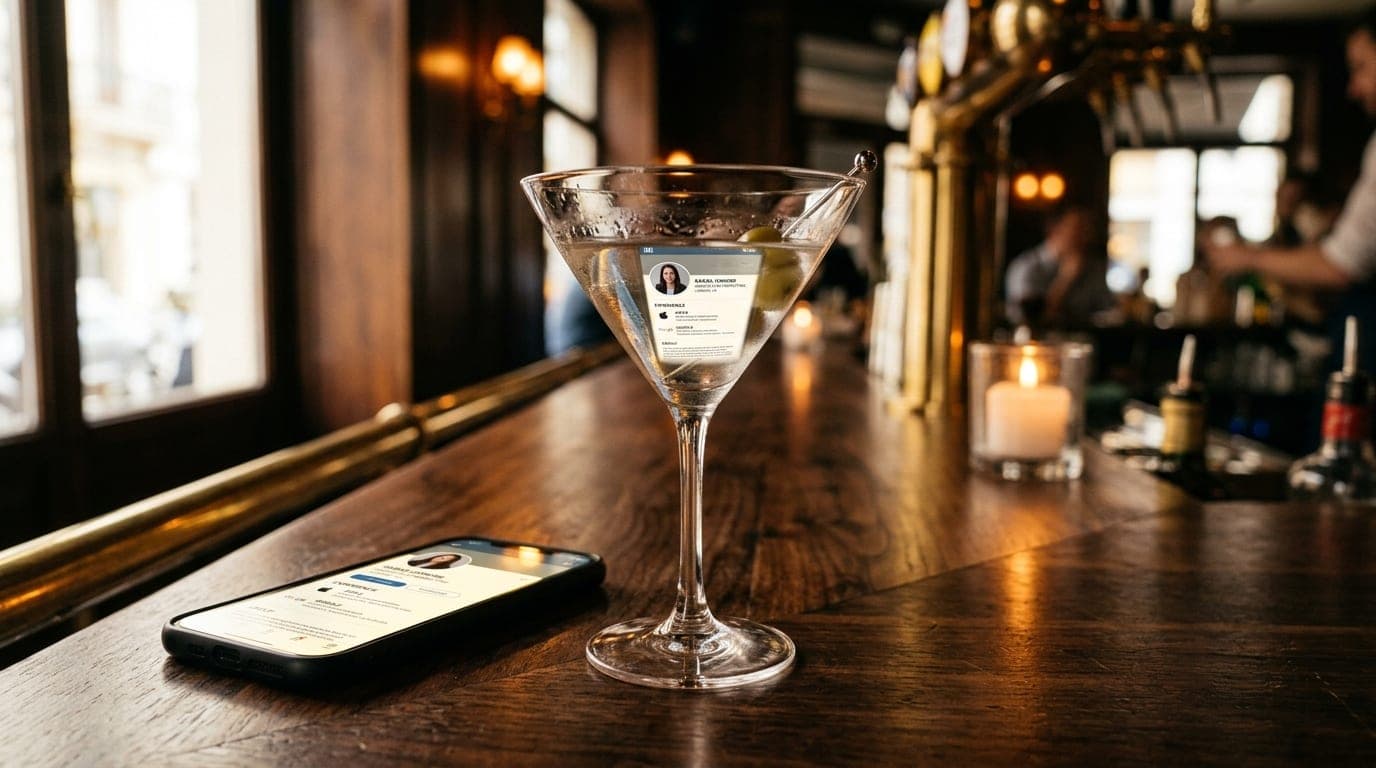 A 100mm macro shot captures a glowing smartphone screen displaying a LinkedIn profile reflected in a half-empty martini gl...