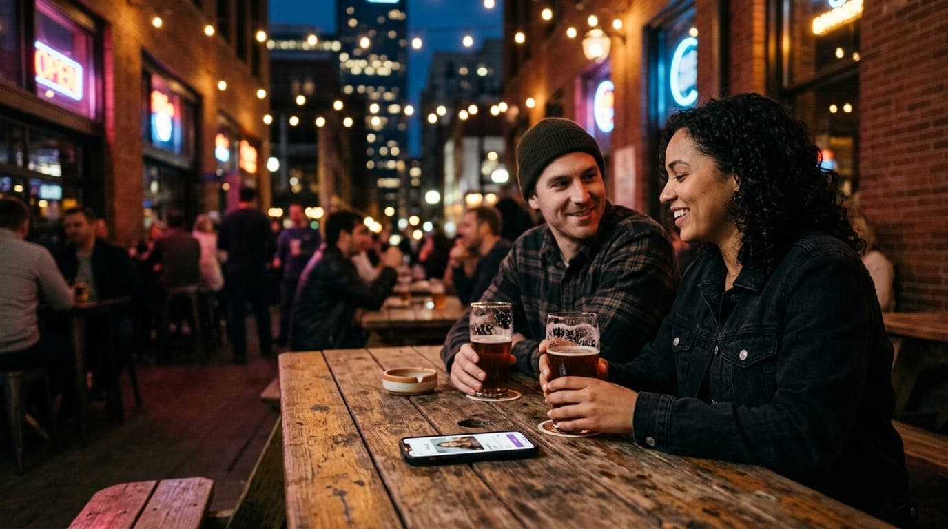 A couple sits at a rustic outdoor brewery table, illuminated by warm string lights. A smartphone showing a Feeld profile r...