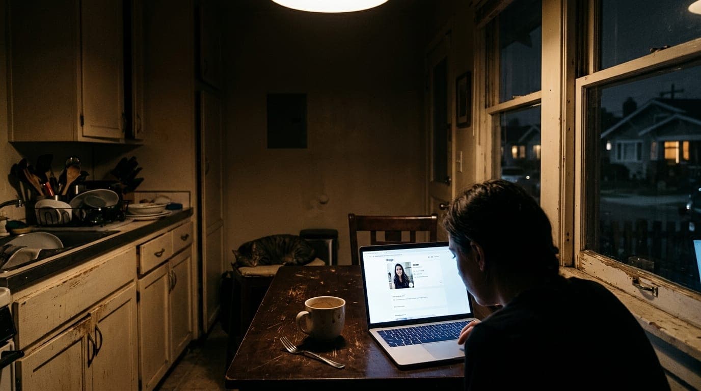 A dimly lit kitchen in a Westside bungalow at night. A lone laptop glows on a dark wooden table, displaying a Hinge profil...