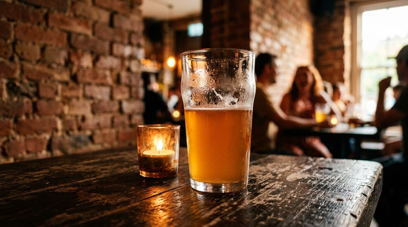 A medium shot, 100mm macro, of a half-finished craft beer glass resting on a weathered, dark wood table at Lupulo. Candlel...