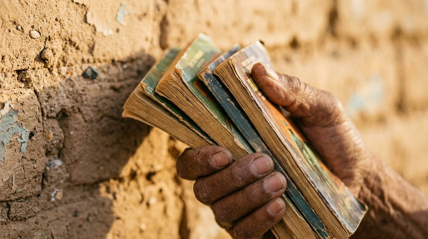 Extreme 100mm macro shot of a weathered hand holding a stack of vintage 1970s sci-fi paperbacks on a textured adobe wall a...