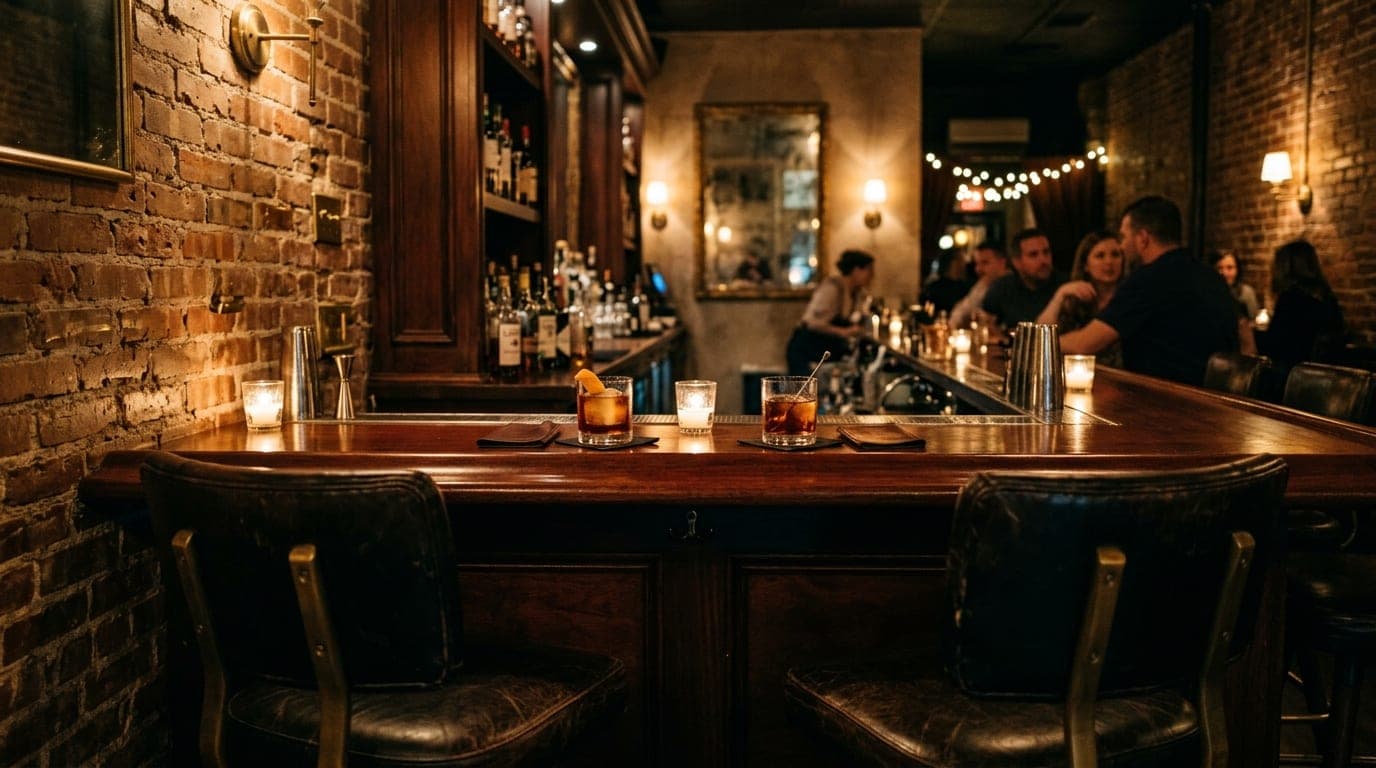 A medium shot captures a dimly lit, exposed-brick corner of a Rosemary District speakeasy. Two leather barstools face a po...
