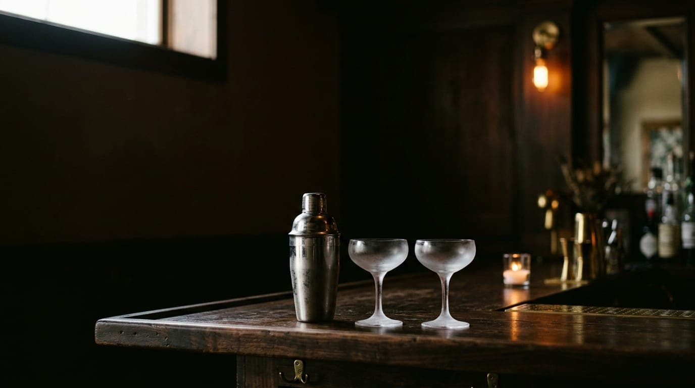 A silver cocktail shaker and two chilled, empty coupe glasses sit on a dark wood bar top at Pangea, illuminated by a slive...