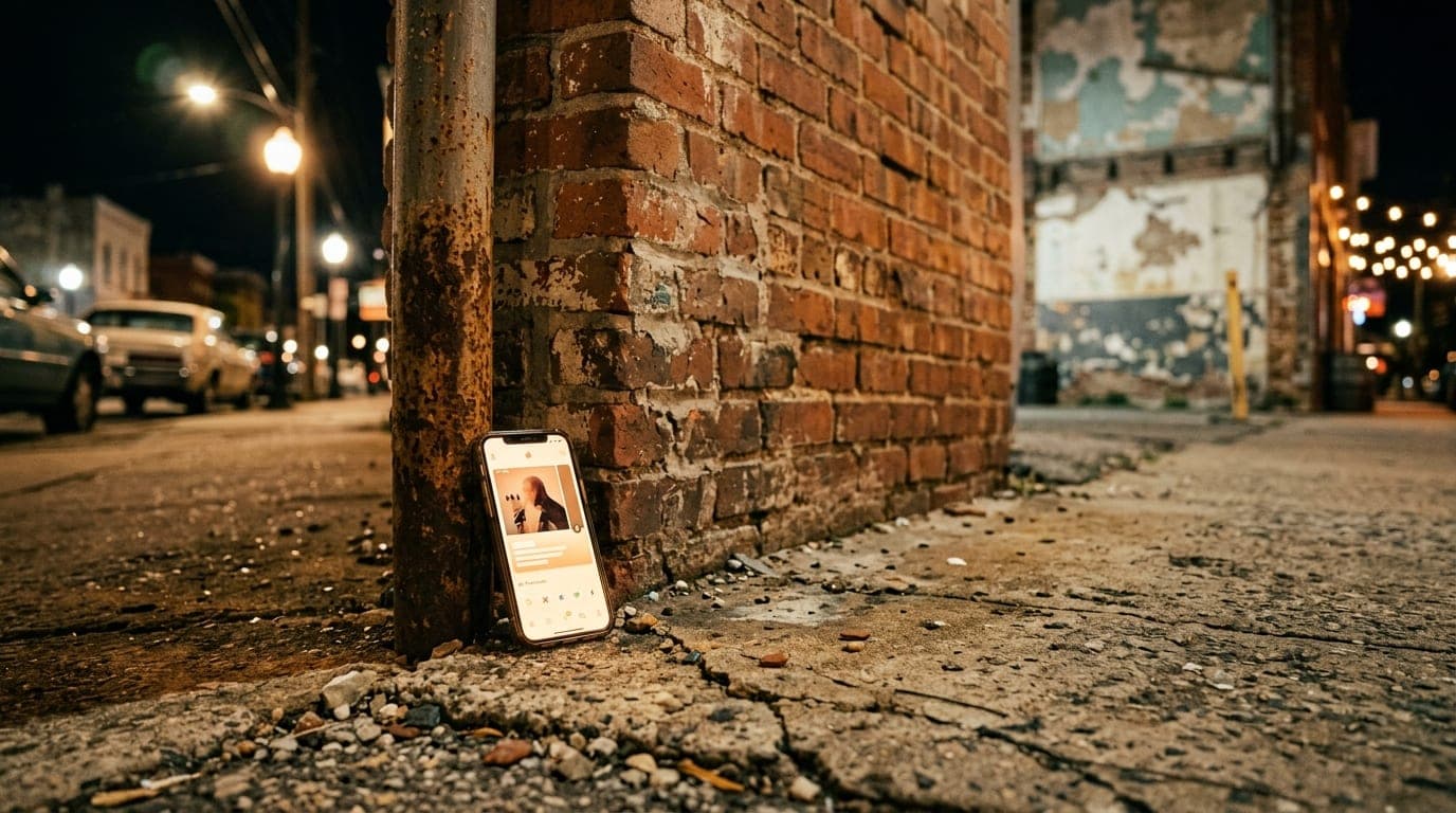Low-angle hero shot of a weathered brick wall in the Starland District at midnight. A single smartphone propped against a...