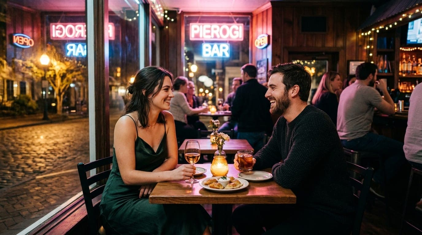 A medium shot captures a neon-lit pierogi bar interior at night. A couple sits at a candle-lit table, the woman in a silk...