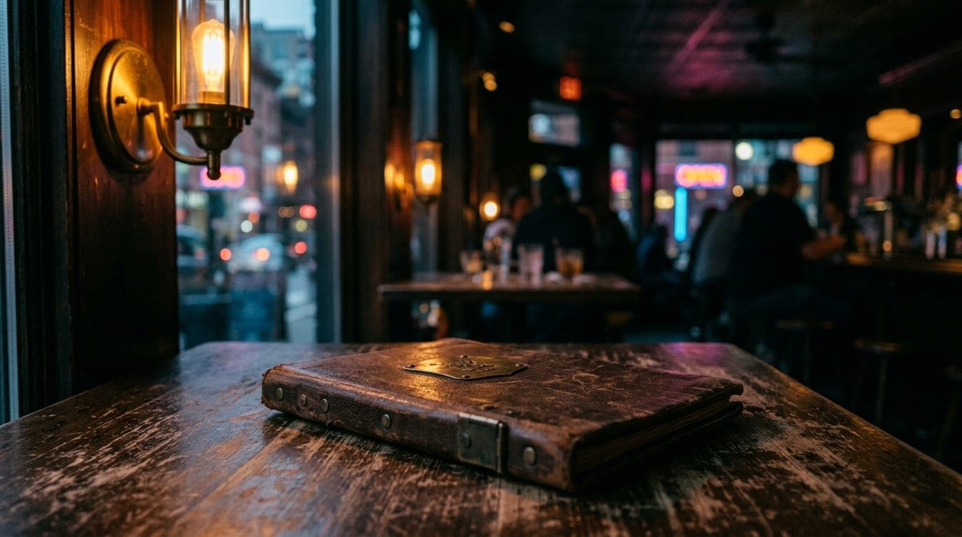 A worn, leather-bound newspaper cocktail menu rests on a scarred wooden table at Alley Cat Lounge. Soft, amber light glows...