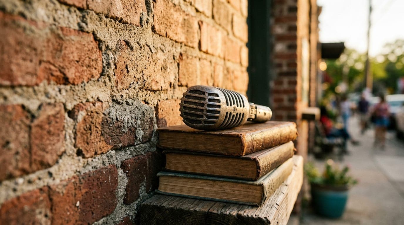 Golden hour hits the weathered brick exterior of an industrial Starland warehouse. A vintage microphone rests on a stack o...