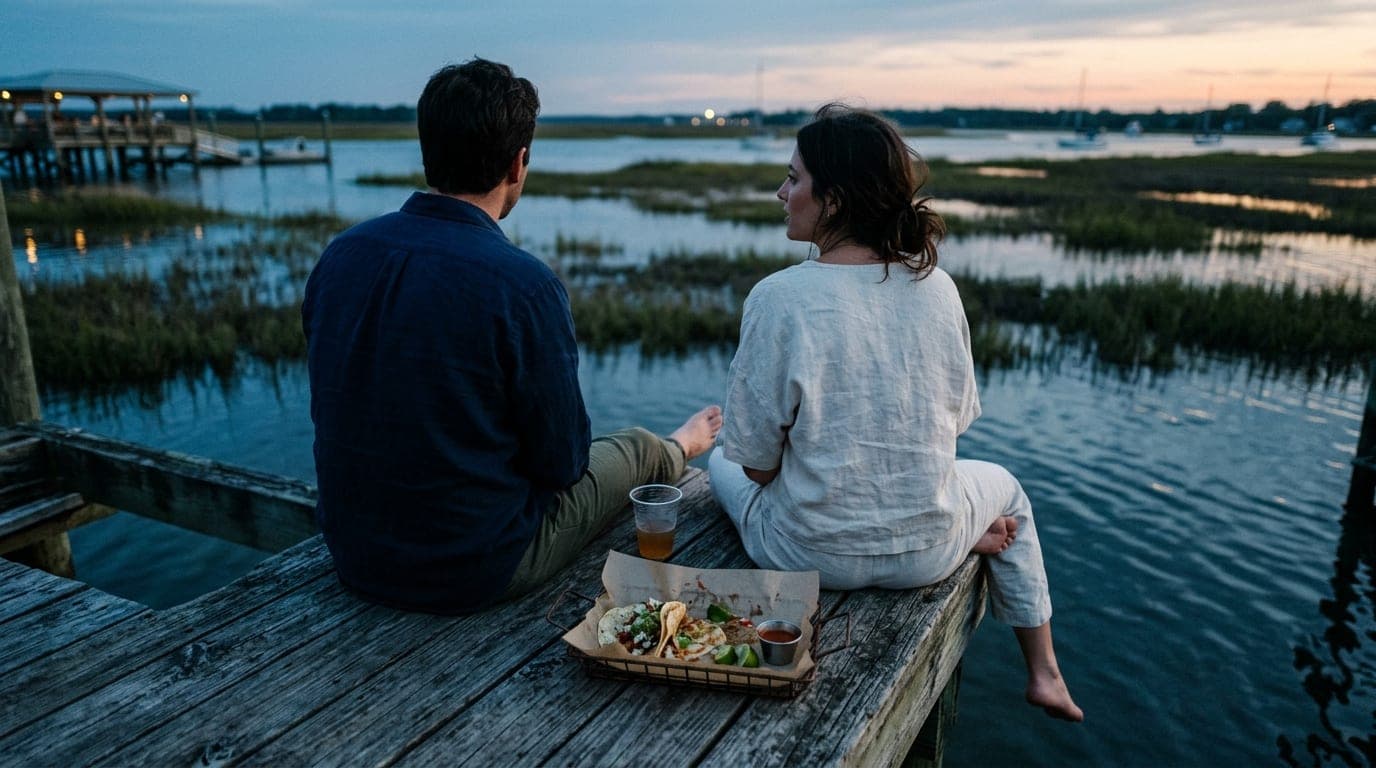 A couple in casual linens sits on a weathered wooden dock at The Wyld, blue hour light reflecting off the water. A half-ea...