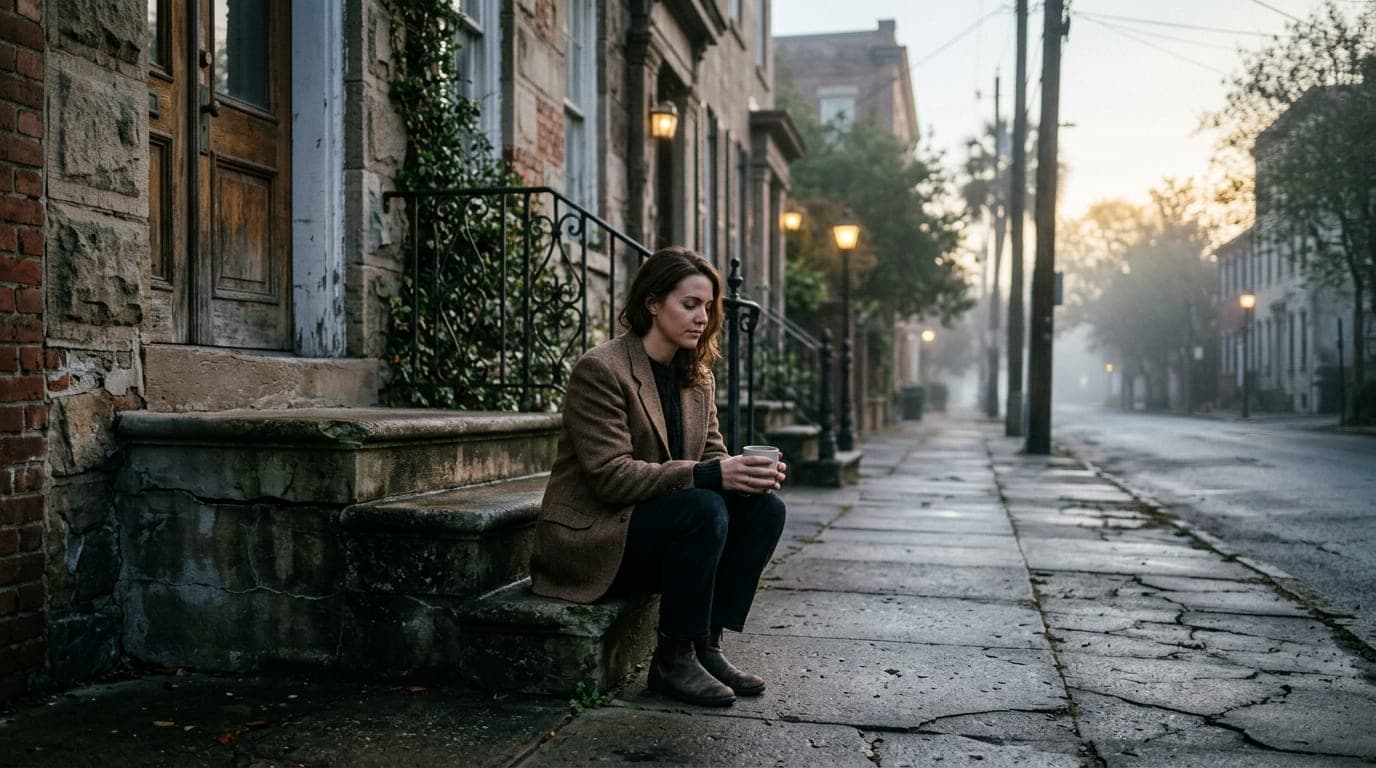 A woman in a vintage oversized blazer sits alone on a weathered Starland District stoop, holding a minimalist ceramic coff...